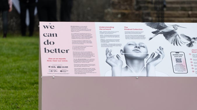 An image of the information board in front of the artwork at Downhill House.